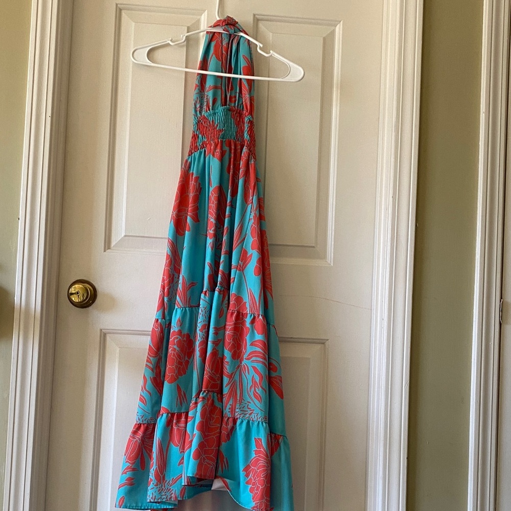 Floral Halter Dress in Blue and Red